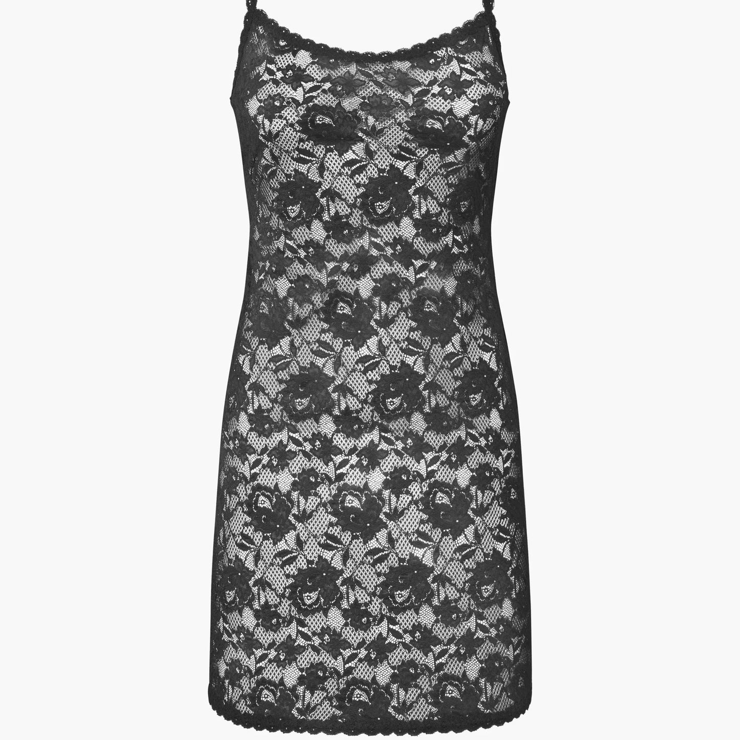 Black lace nightgown with floral pattern on a white background