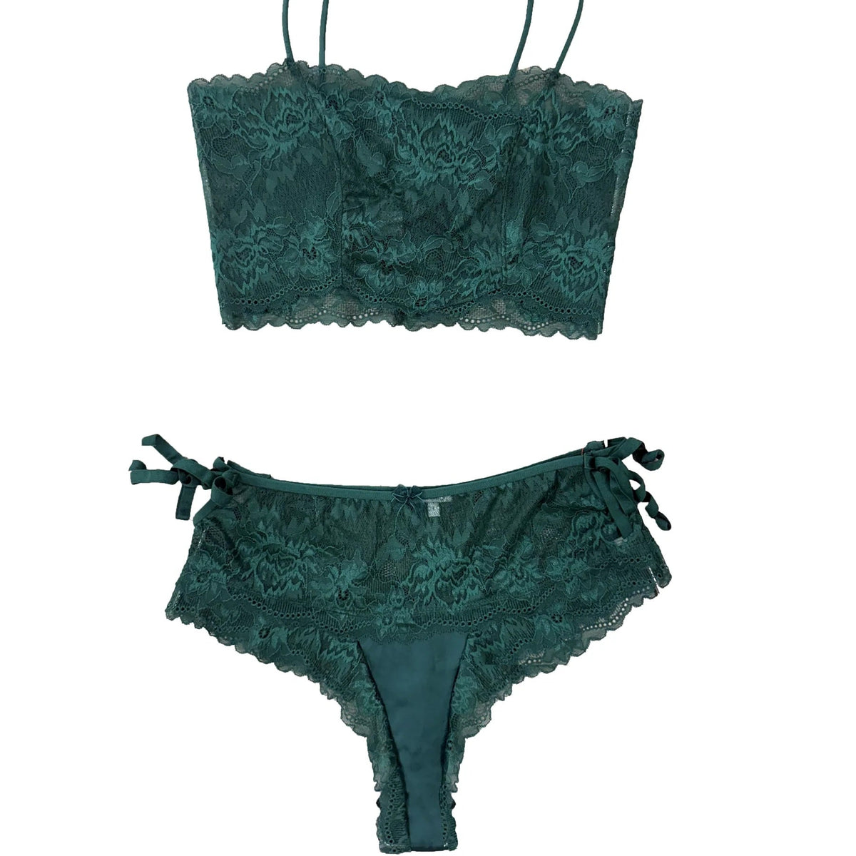 A two-piece women's lingerie set in dark forest green lace, featuring a bandeau-style bralette with thin straps and a matching tie-front brief, displayed against a solid white background.