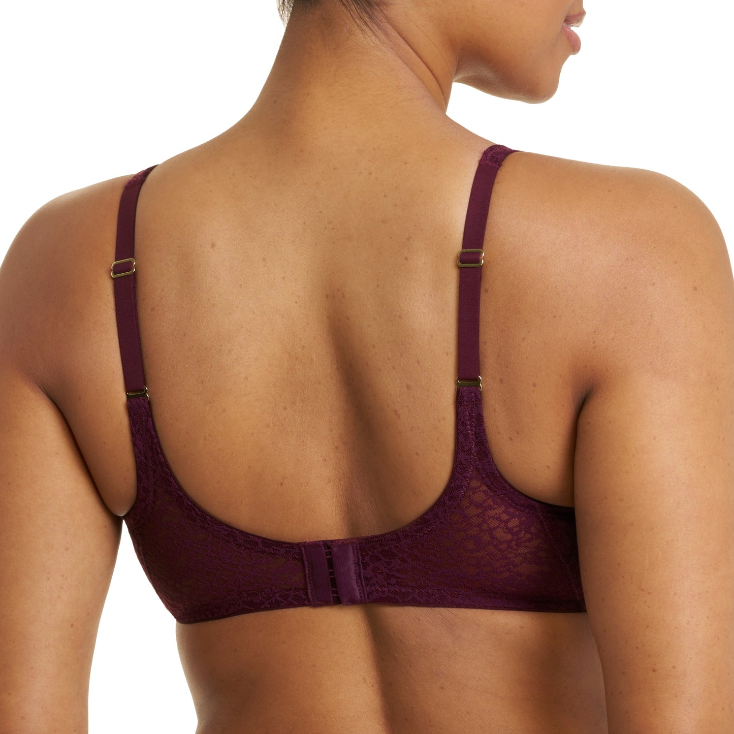 Purple bra worn by a model on a white background