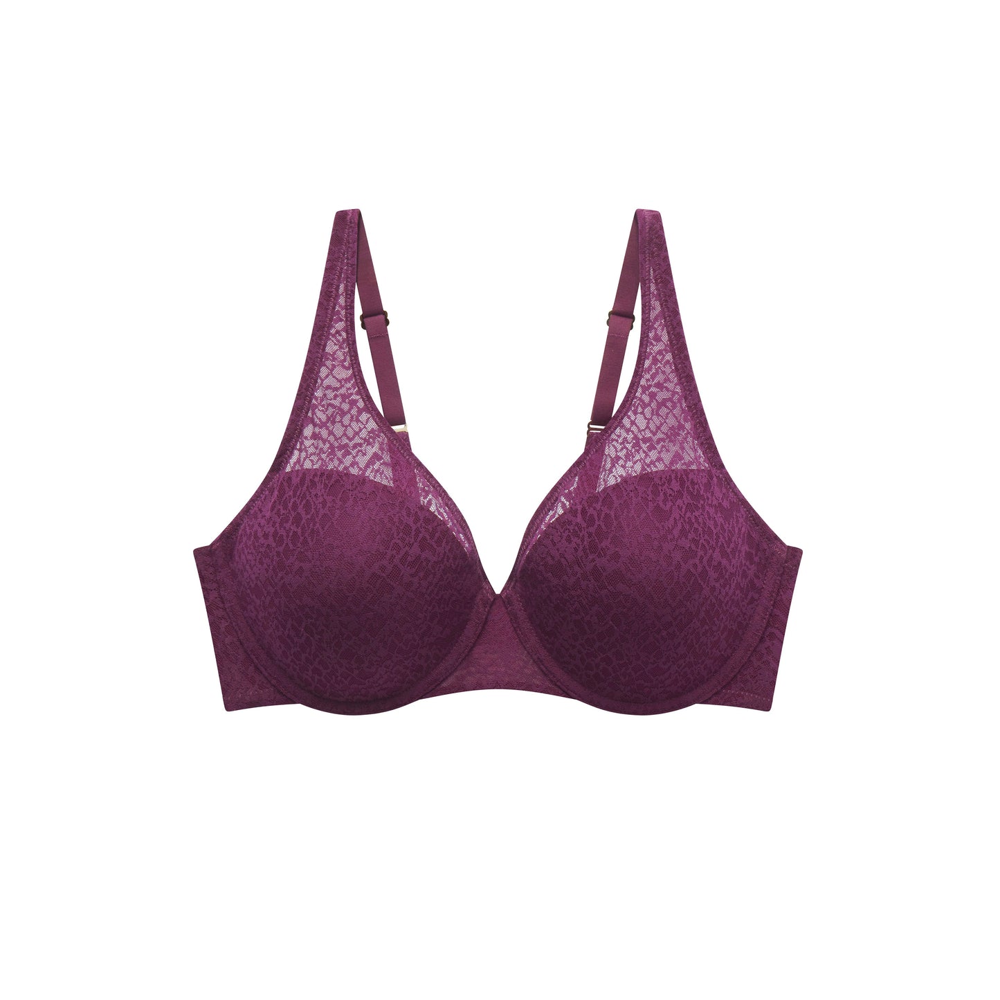 A deep purple lace underwire bra with adjustable shoulder straps, shown flat against a solid white background.