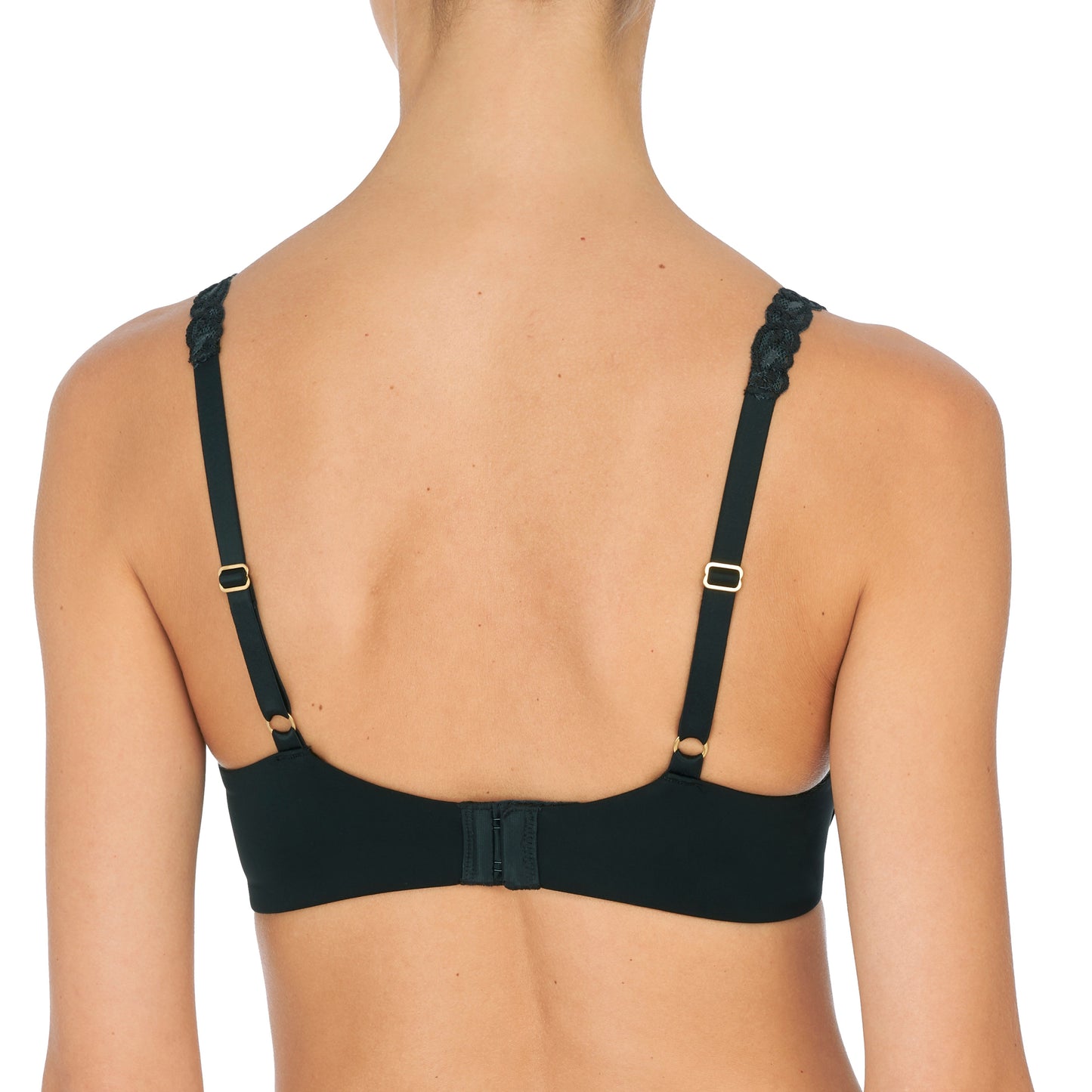 Black bra worn by a model on a white background