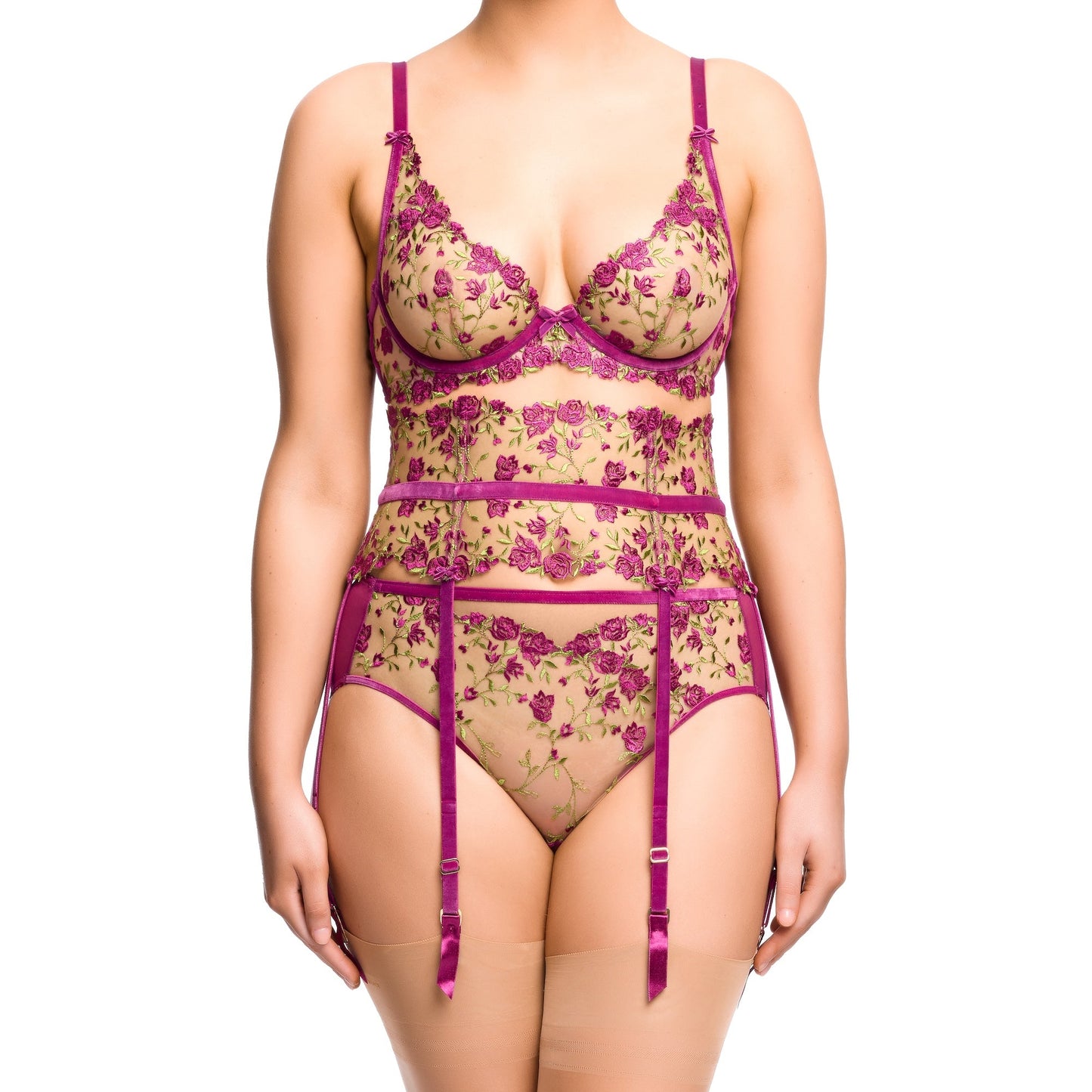 Lace lingerie set with floral patterns on a white background