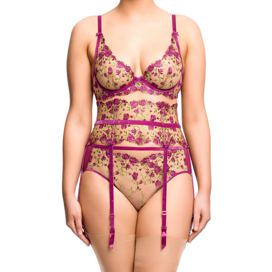 Lace lingerie set with floral patterns on a white background