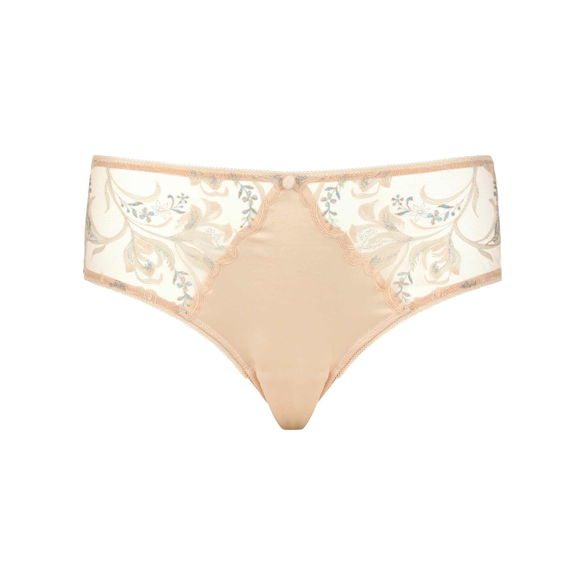 Beige lace underwear on a white background