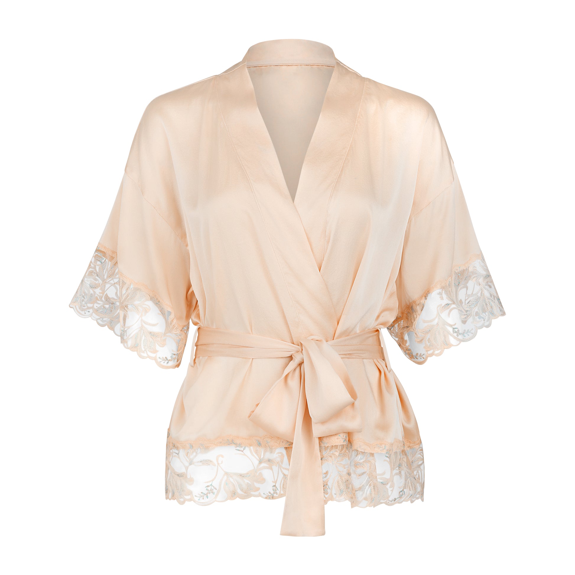 Beige satin robe with lace trim on a white background