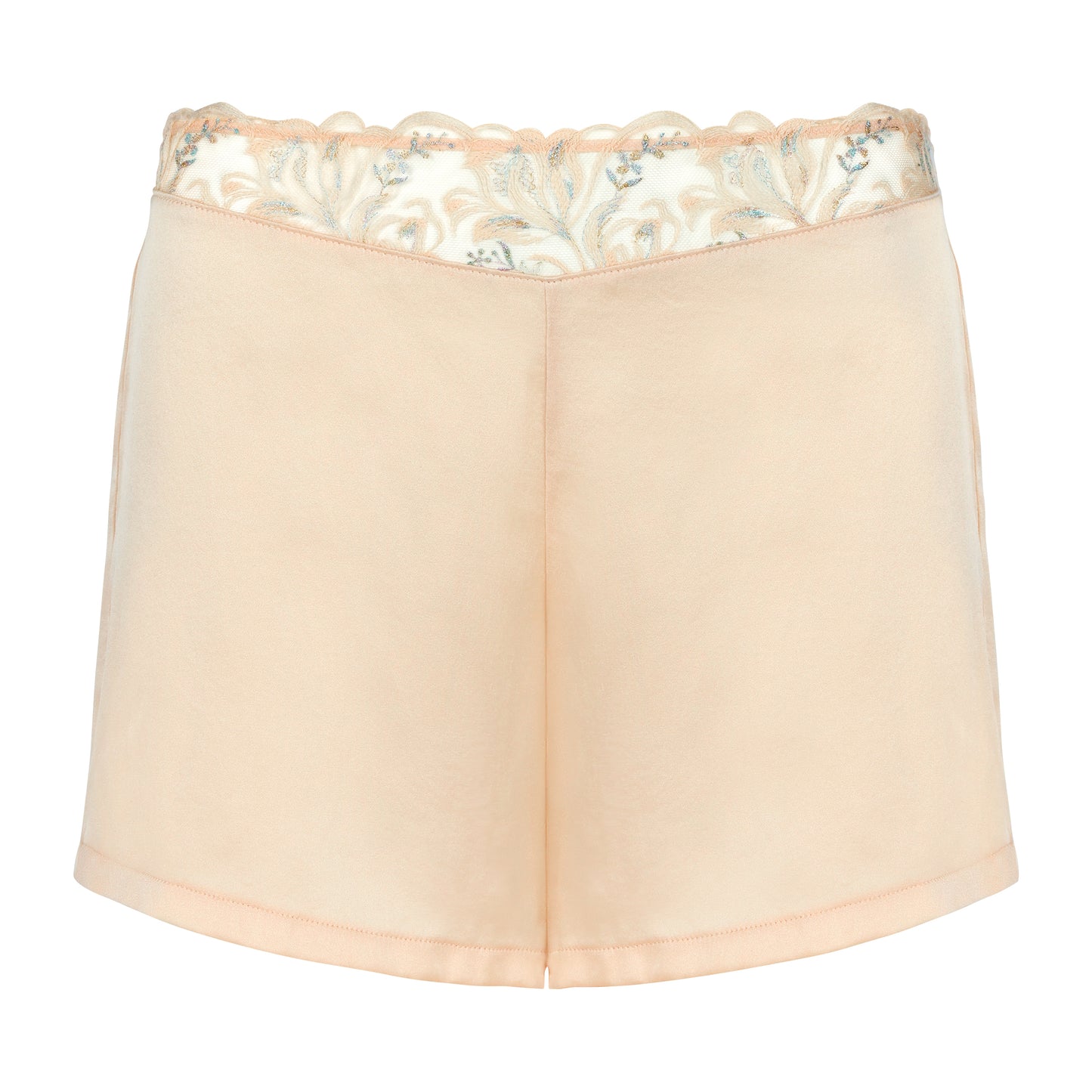 Pink shorts with floral lace waistband on a white background
