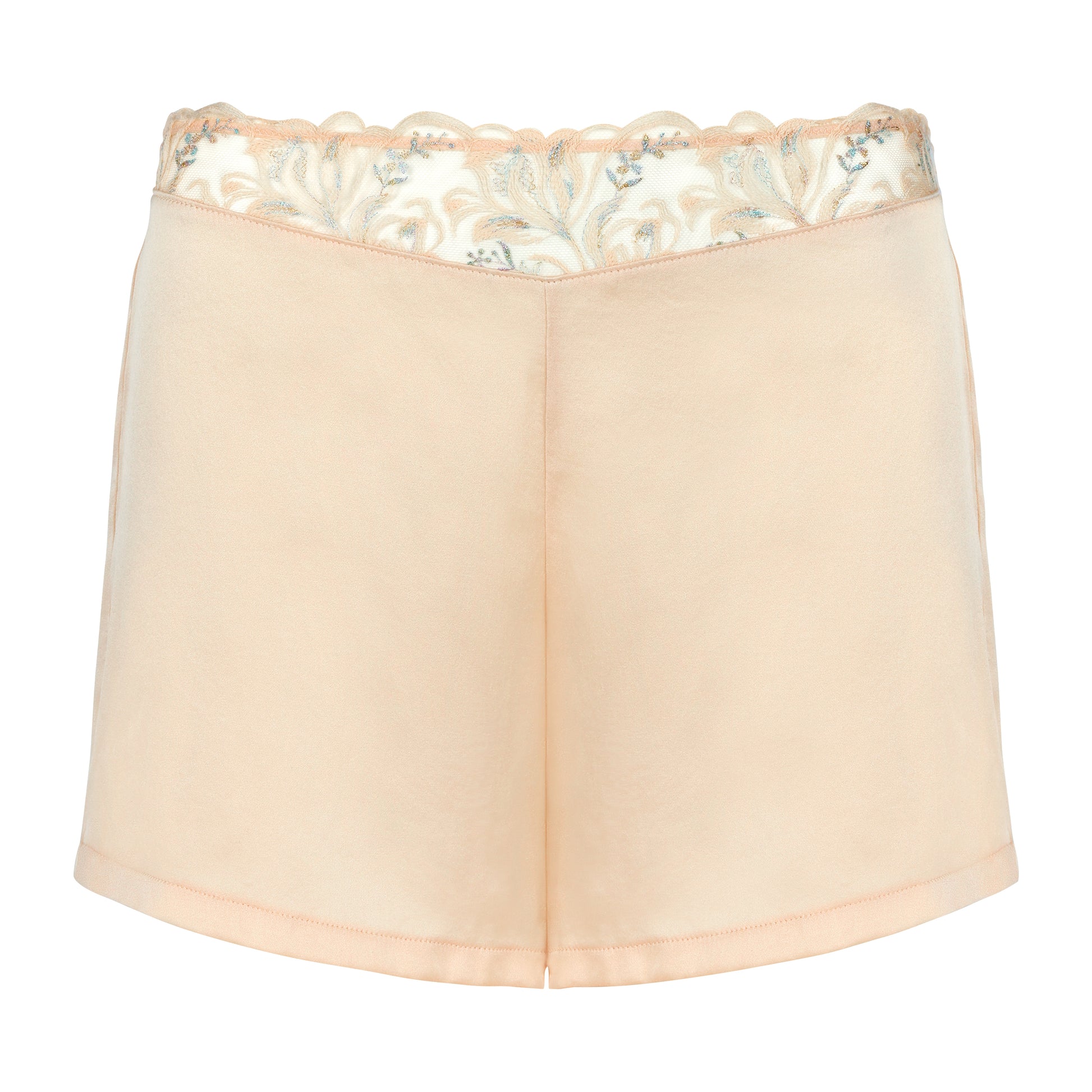 Pink shorts with floral lace waistband on a white background
