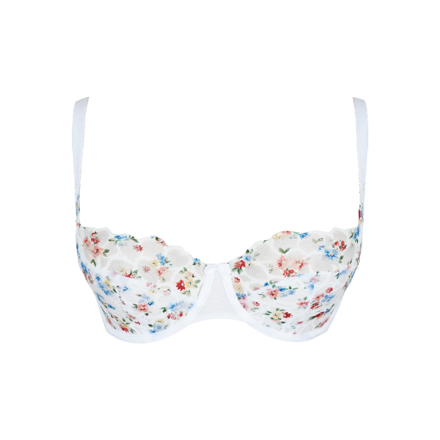 Floral-patterned bikini top on a white background