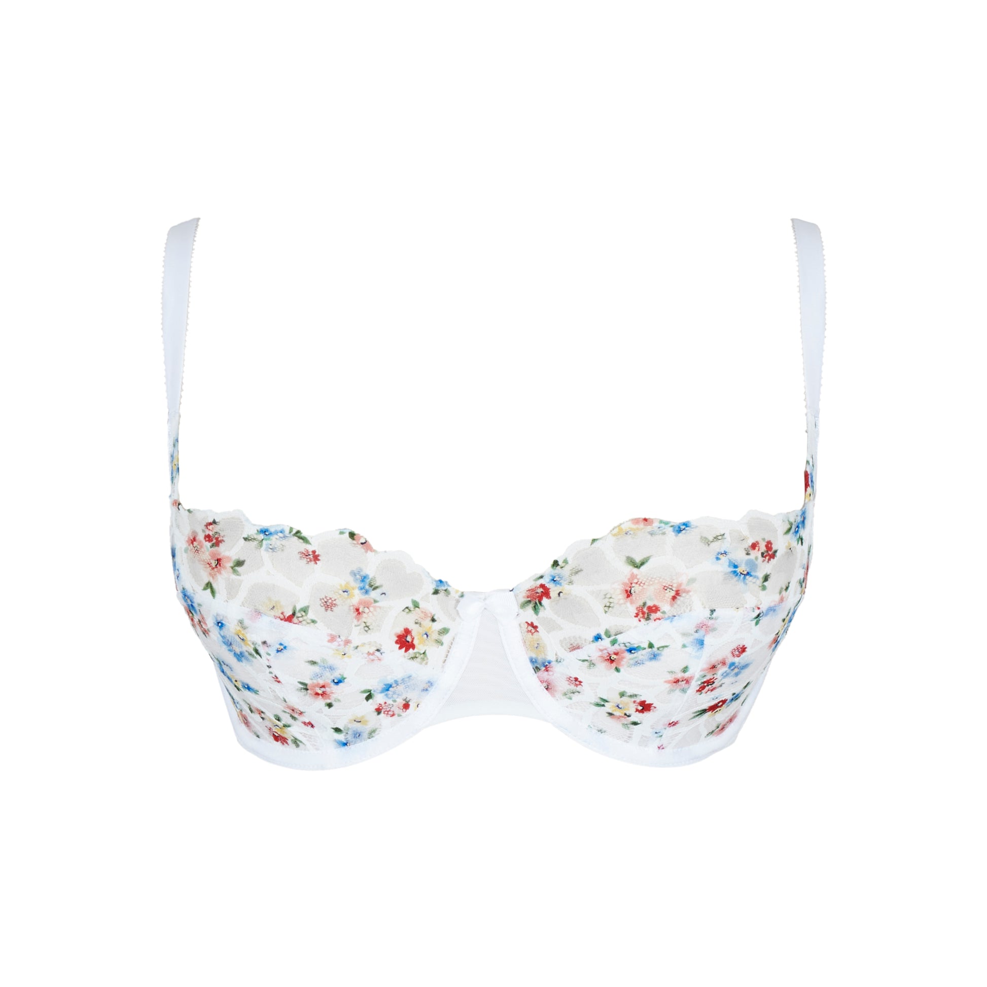 Floral-patterned bikini top on a white background