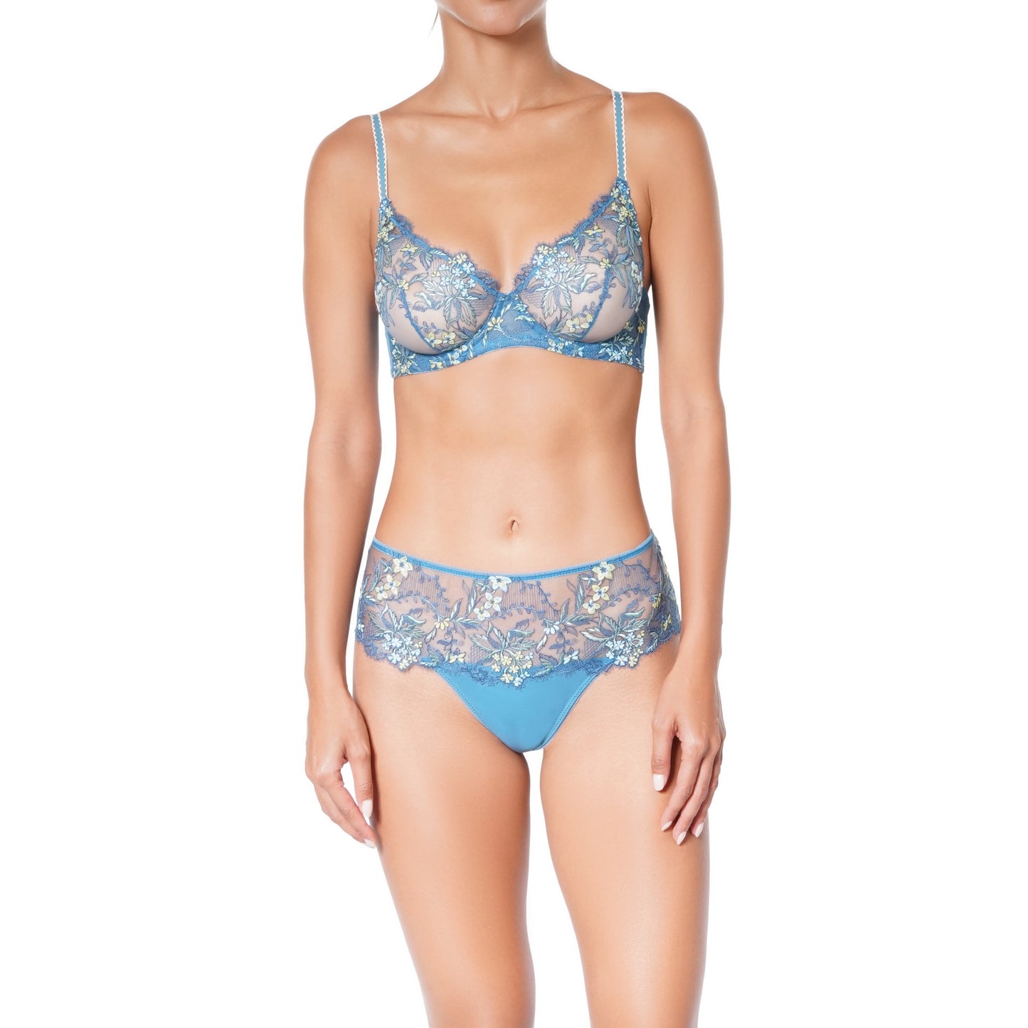 Blue floral lingerie set on a white background
