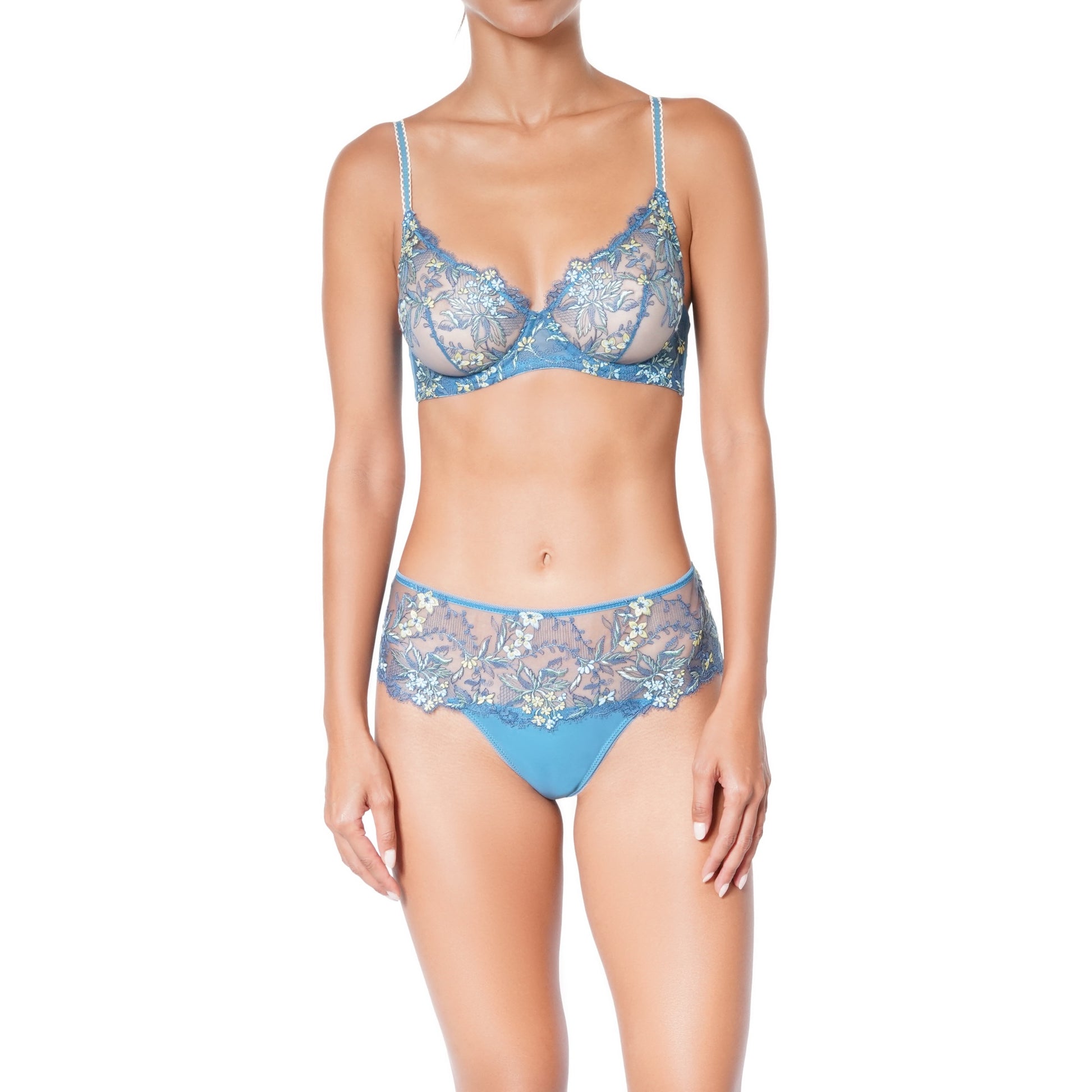 Blue floral lingerie set on a white background