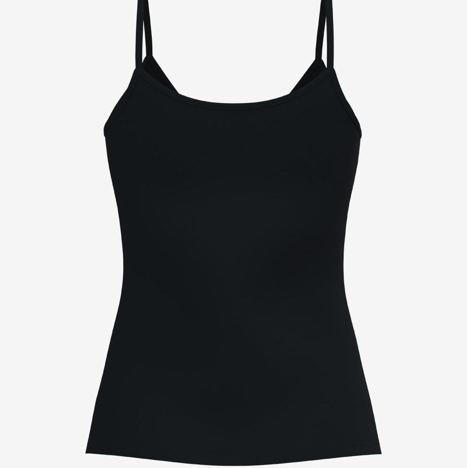 A black spaghetti-strap camisole tank top with a wide scoop neckline, displayed on a clean, light gray background.
