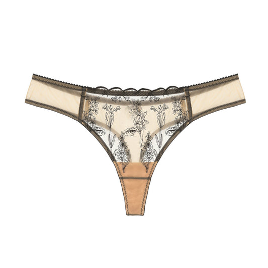 Lace-trimmed thong with floral pattern on a white background