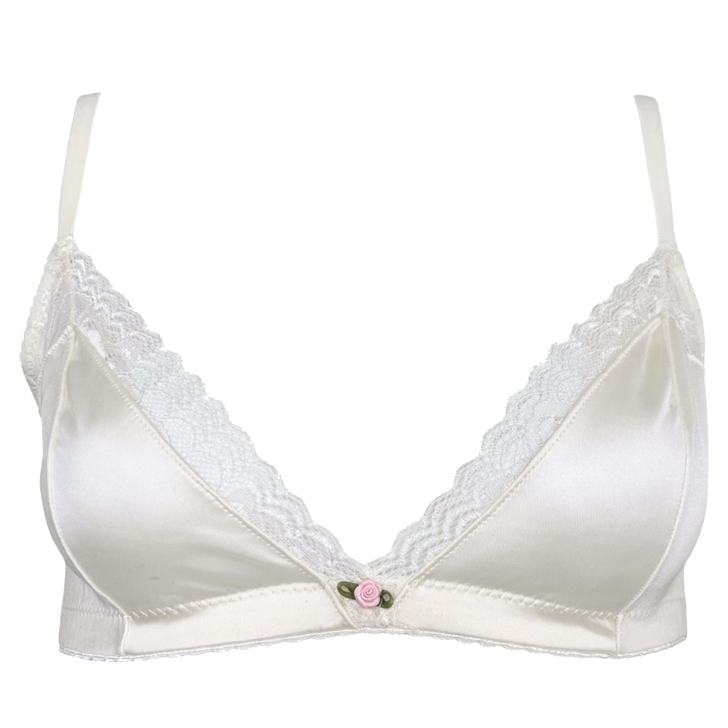 White bra with lace trim on a white background