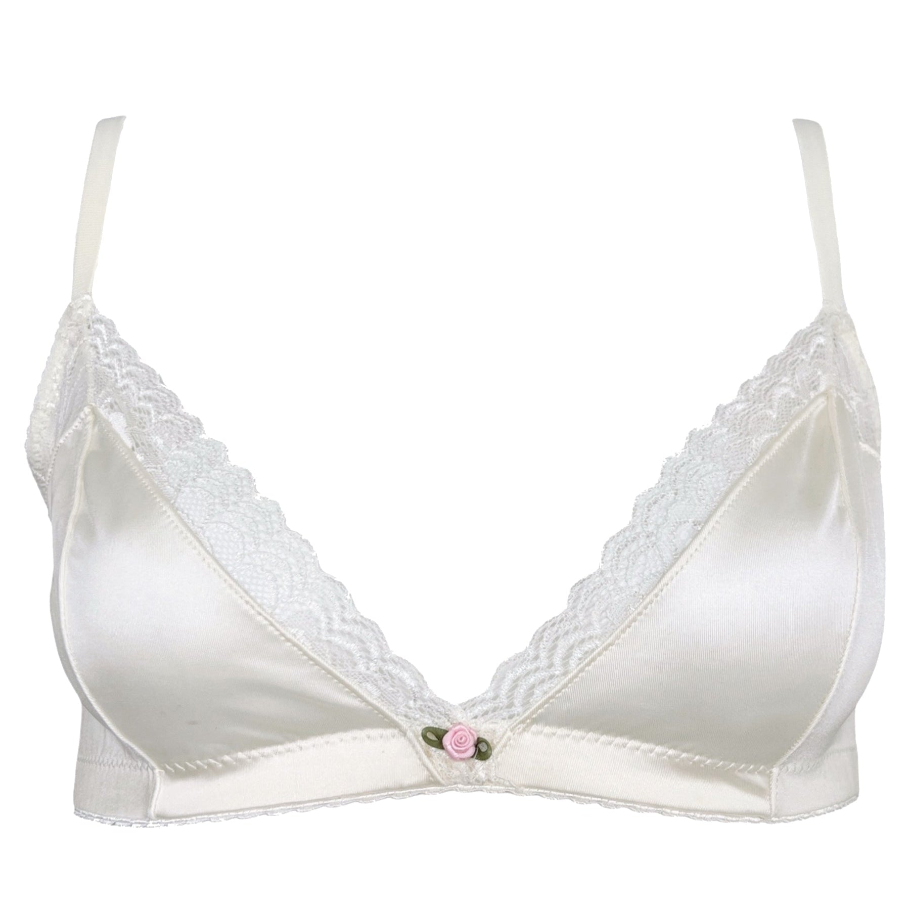 White bra with lace trim on a white background