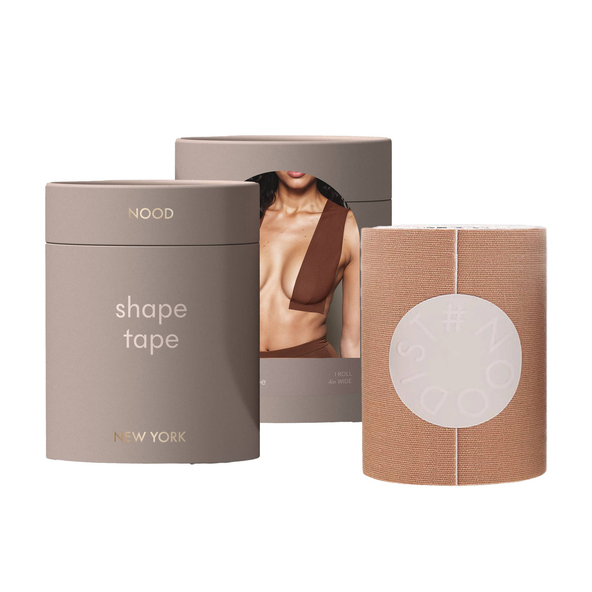 Shape tape packaging with a box and a cylindrical container on a white background