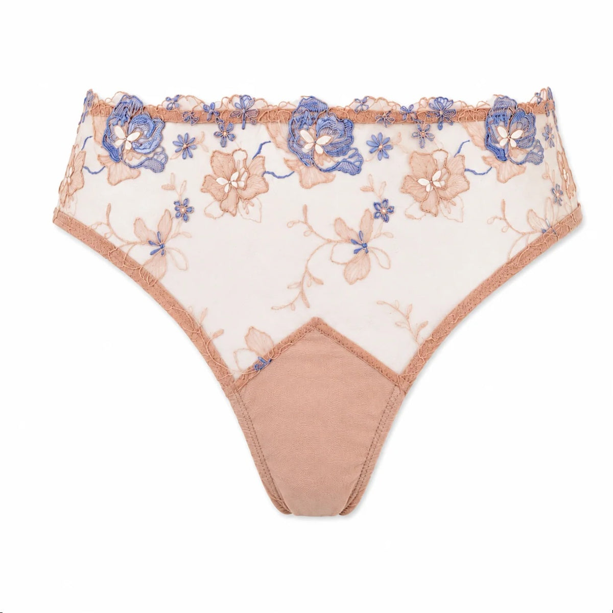A pair of women's low-rise underwear featuring a beige mesh body with a blue and beige floral lace pattern across the waistband and a solid beige fabric pouch at the front.