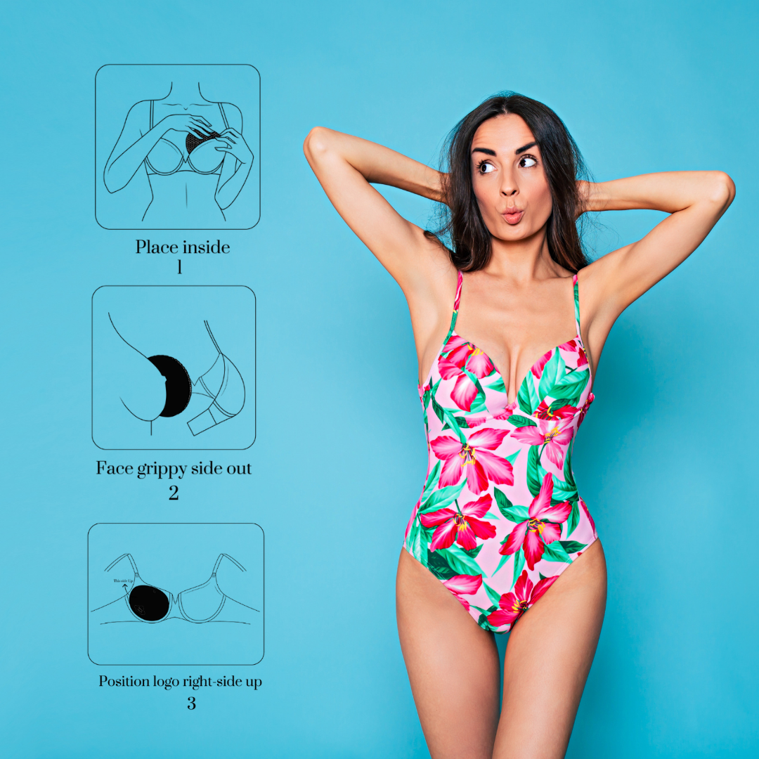Woman wearing a floral swimsuit with instructions on a blue background