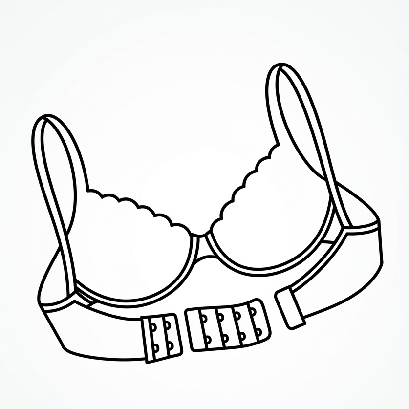 Black and white line art illustration of a bra with adjustable hook-and-eye front closure, shown on a plain white background.