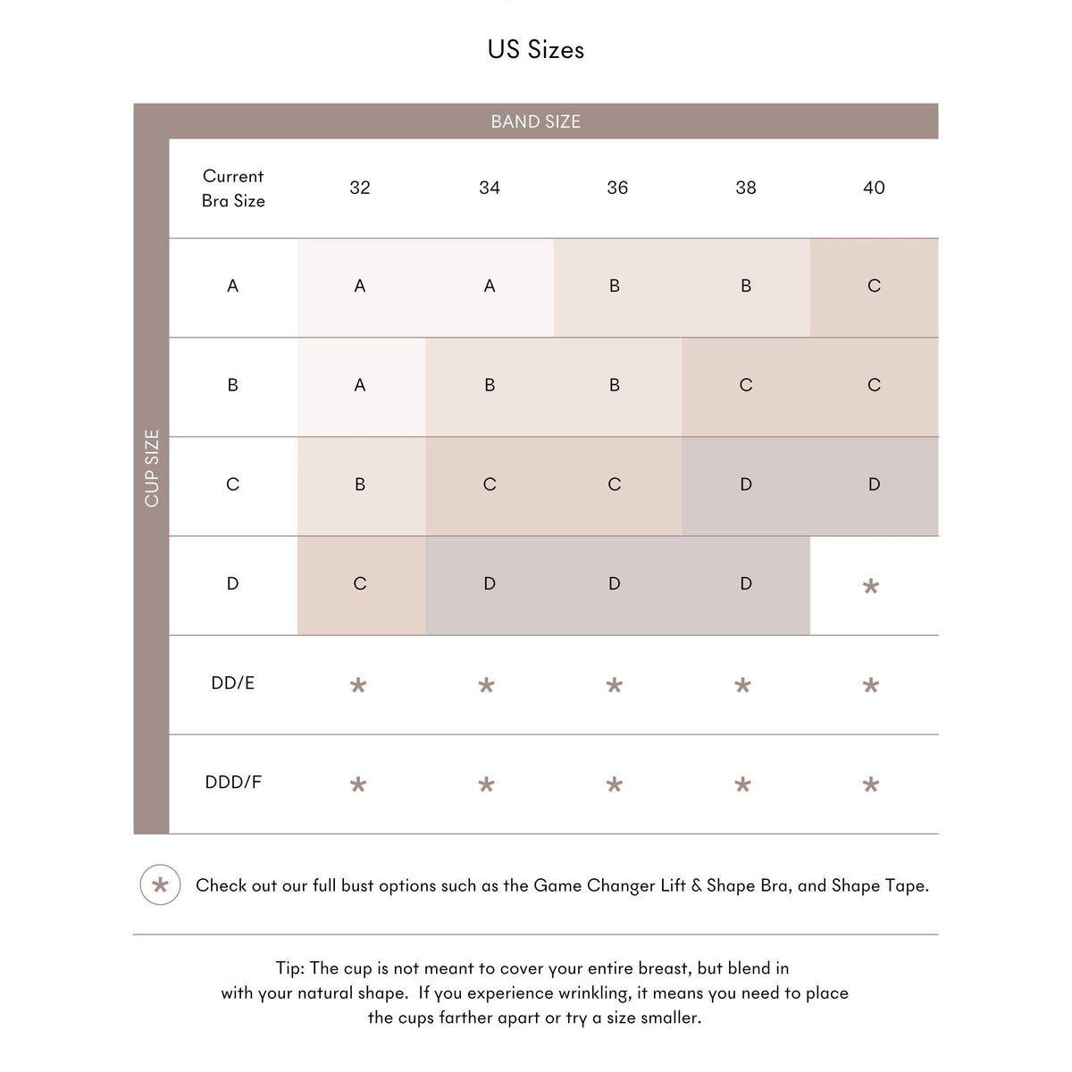 Shape Up size guide for bras with band and cup sizes.