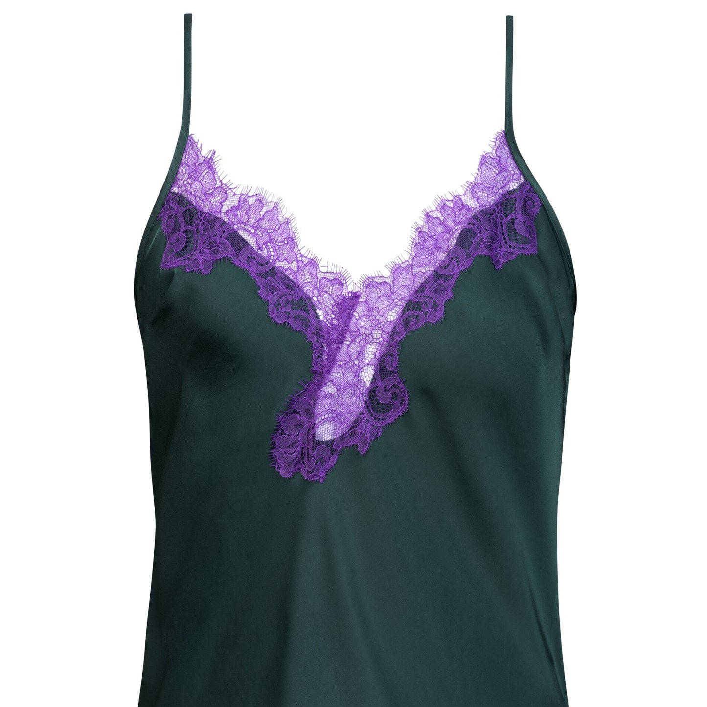 Black satin camisole with purple lace trim on a white background