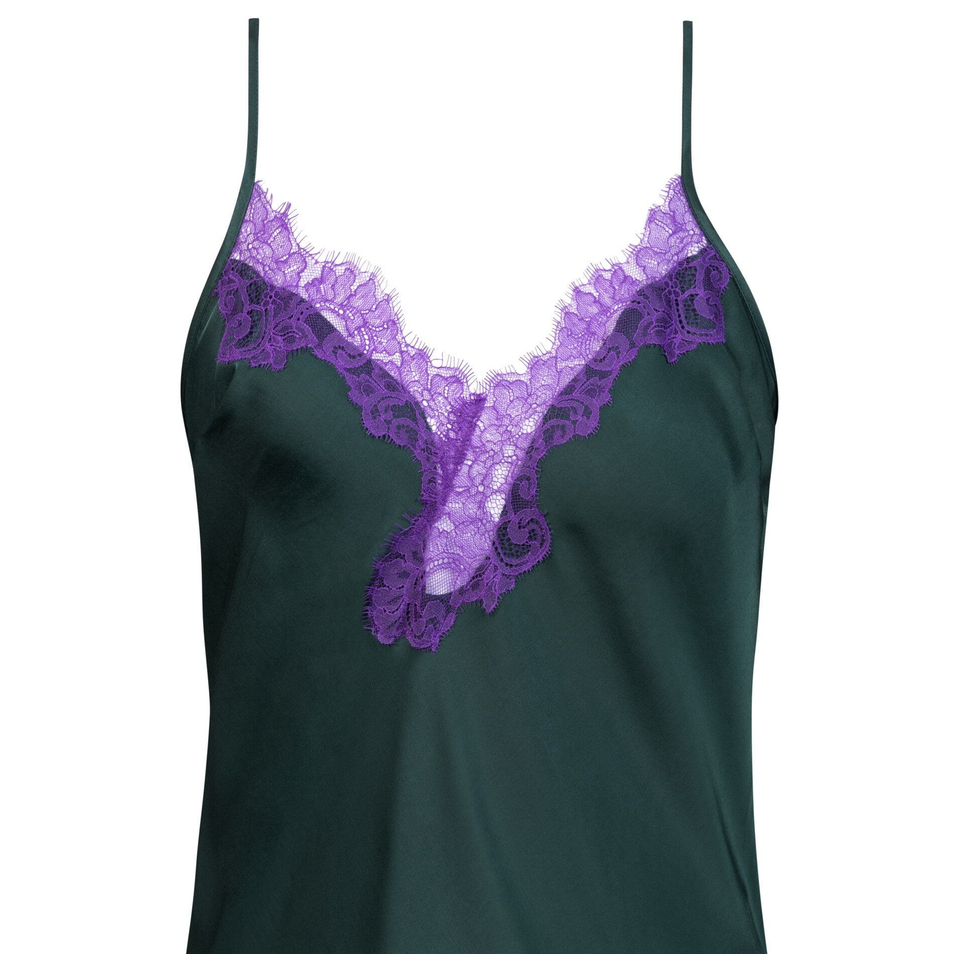 Black satin camisole with purple lace trim on a white background