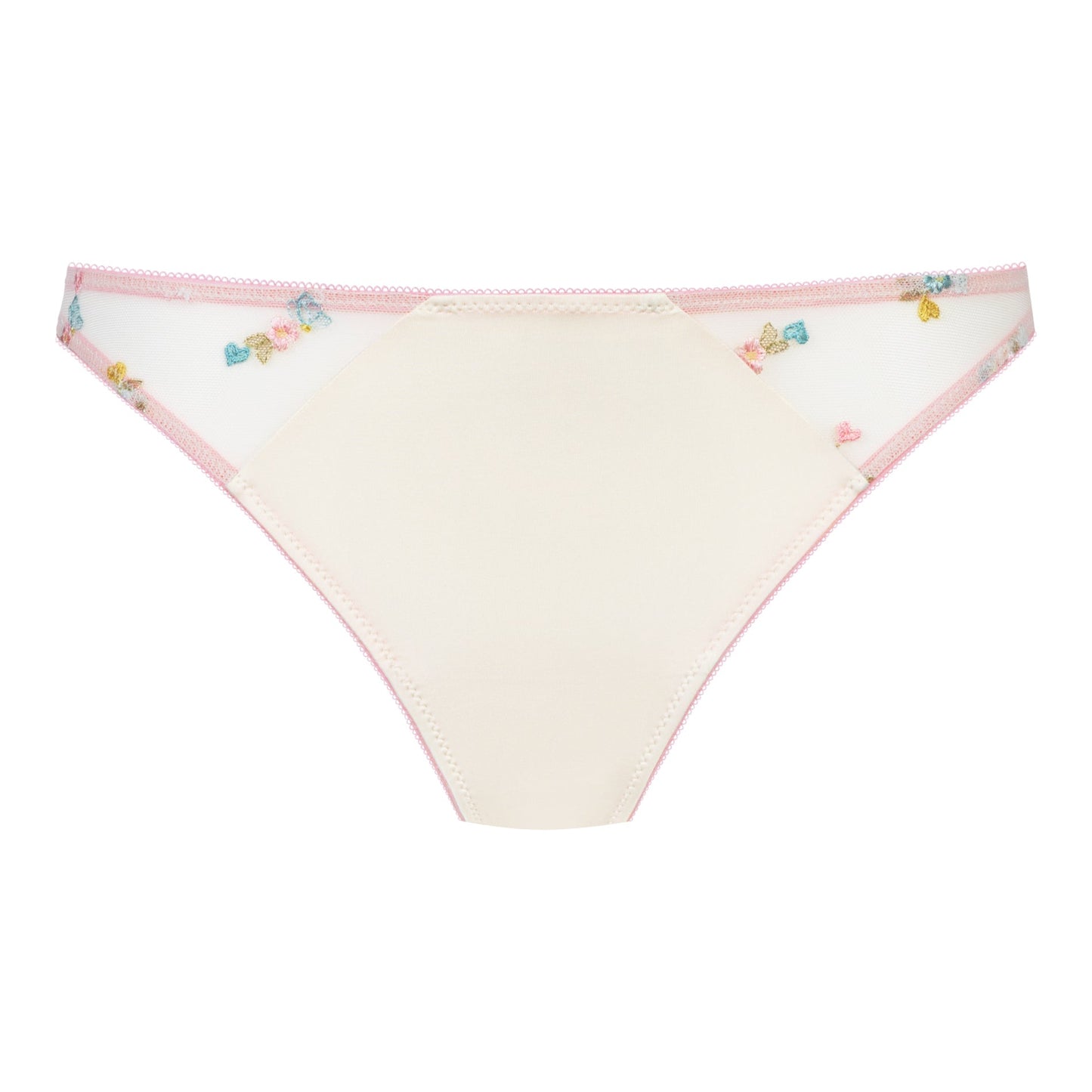 White bikini bottom with colorful floral pattern on a white background