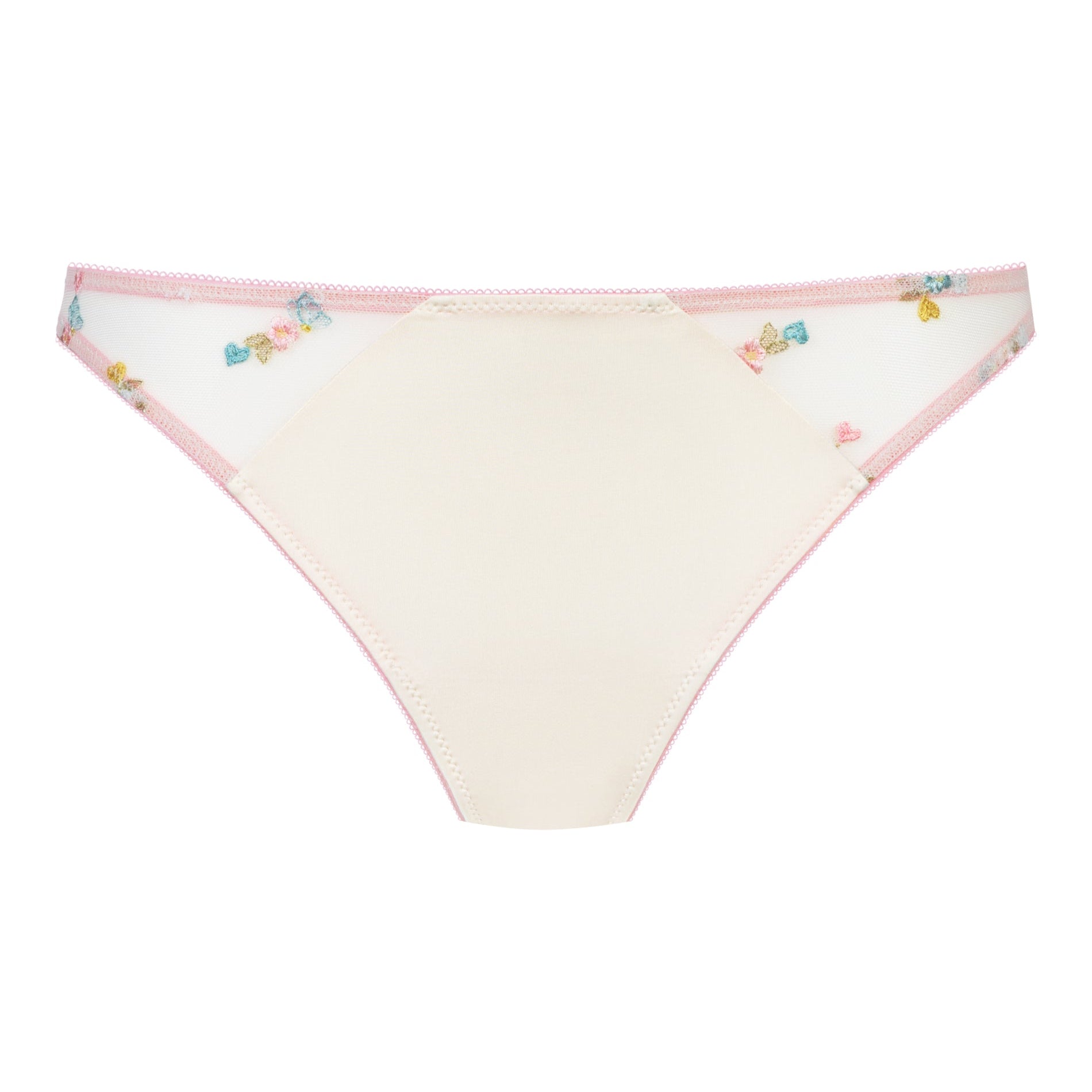 White bikini bottom with colorful floral pattern on a white background