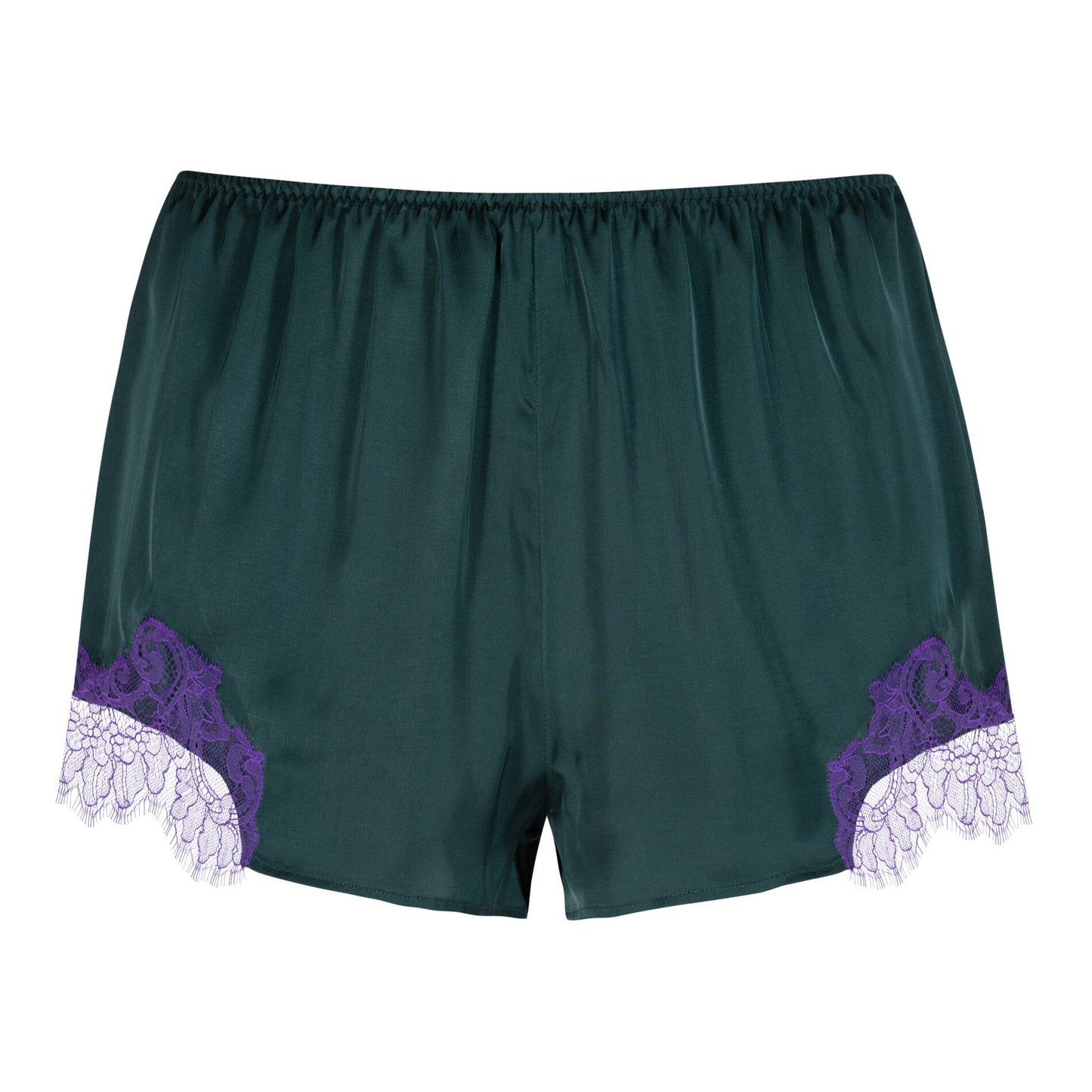 Green shorts with purple lace trim on a white background