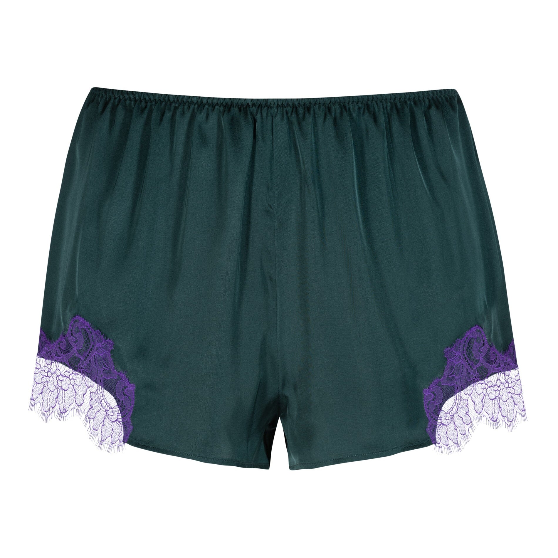 Green shorts with purple lace trim on a white background