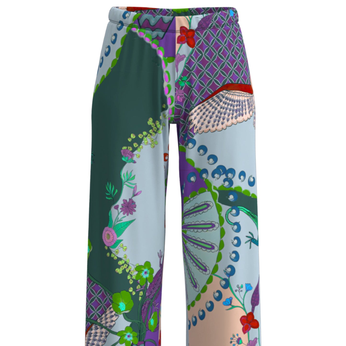 Colorful patterned pants on a white background
