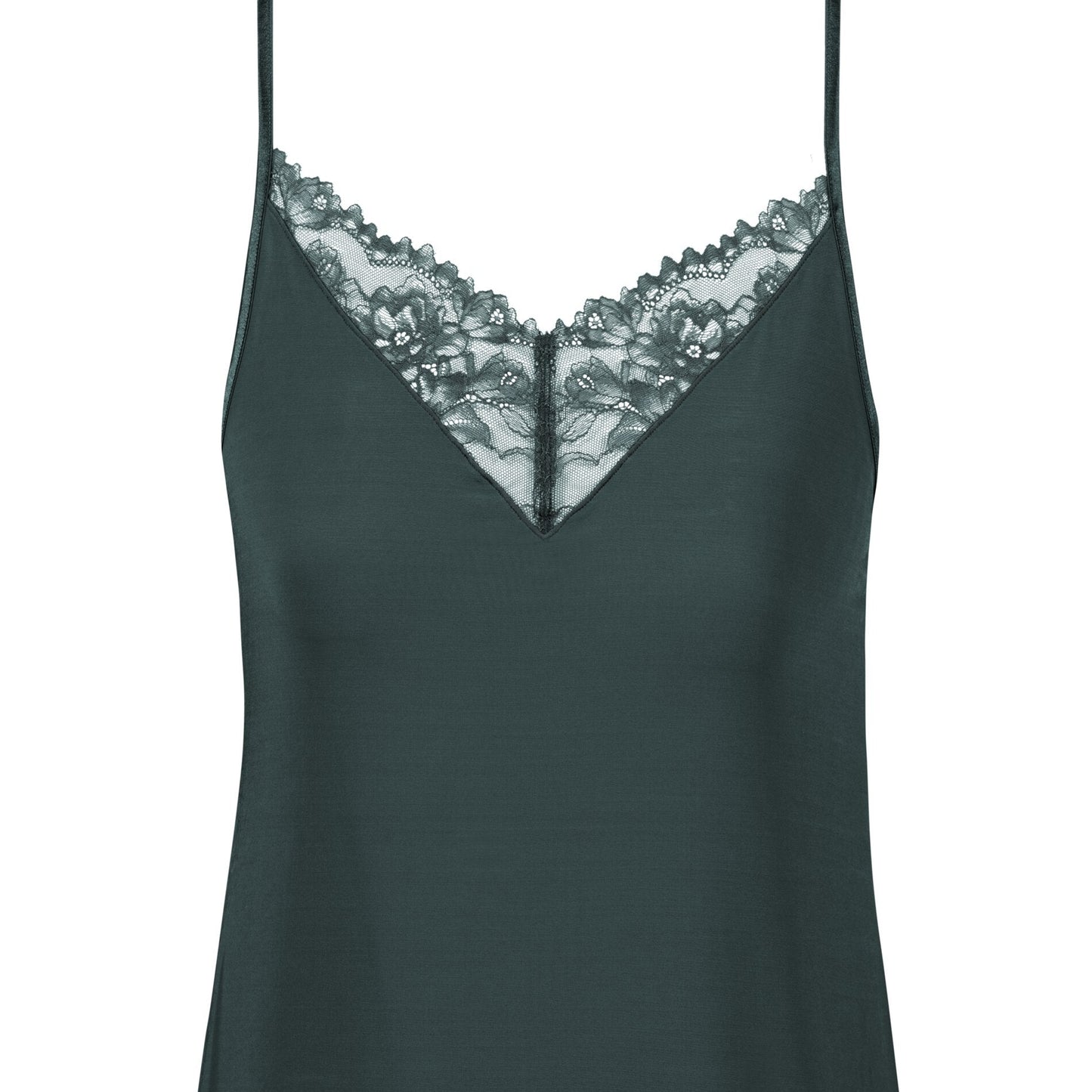 Dark green camisole with lace trim on a white background