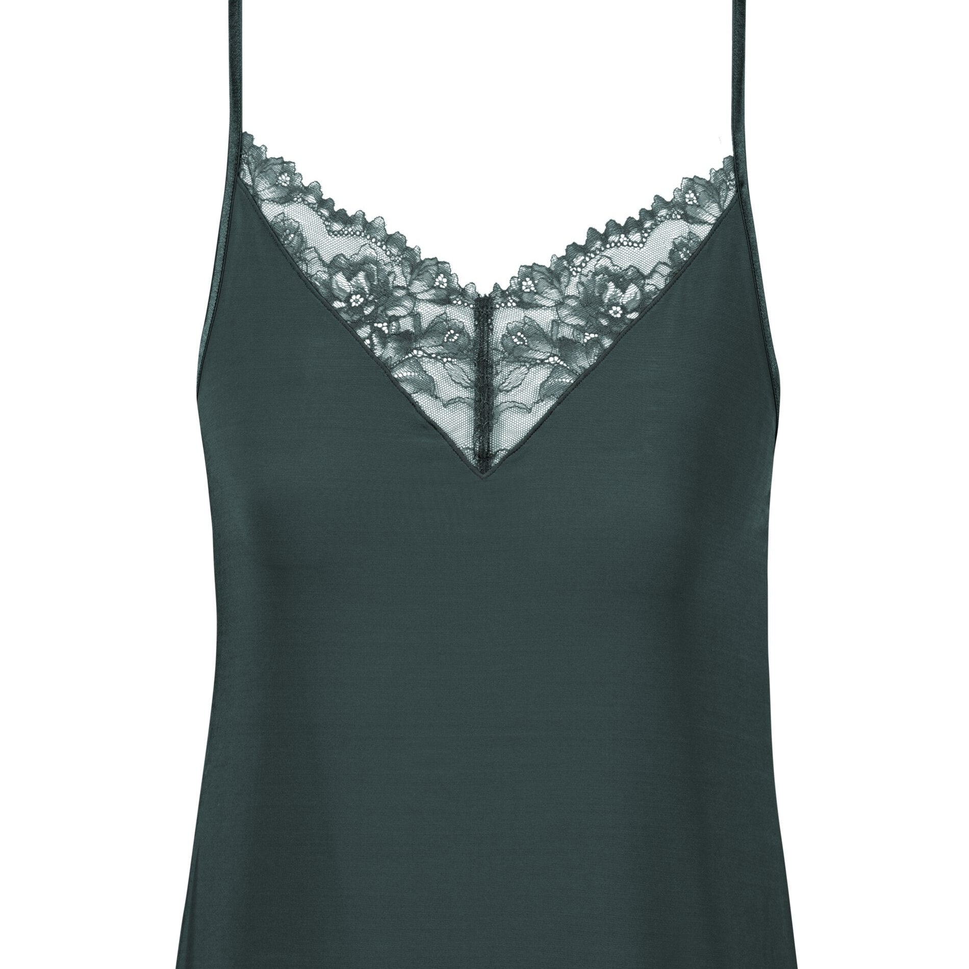 Dark green camisole with lace trim on a white background