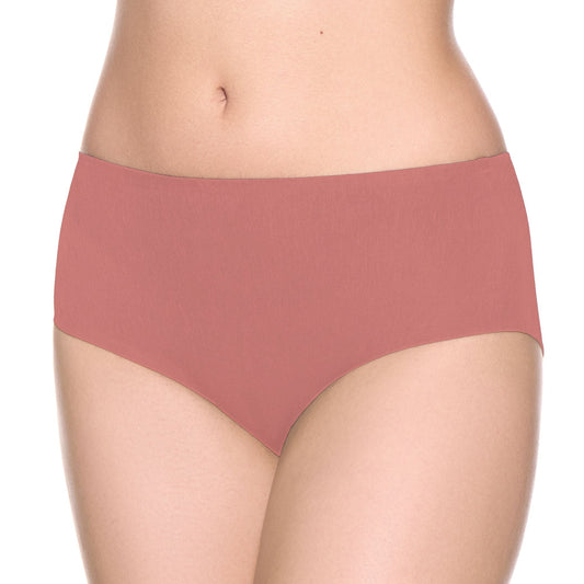 A close-up of a model's lower torso and thighs wearing solid dusty rose pink underwear against a plain white background.