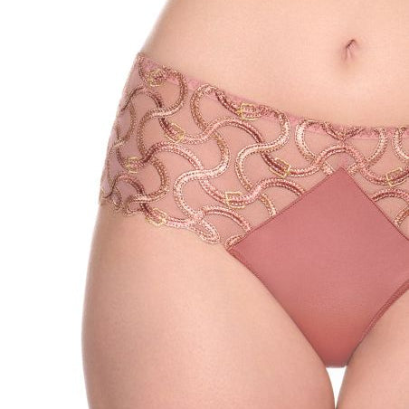 Close-up of a model wearing a pair of dusty rose mesh panties with a scalloped sequined waistband and a solid front panel, set against a plain white background.
